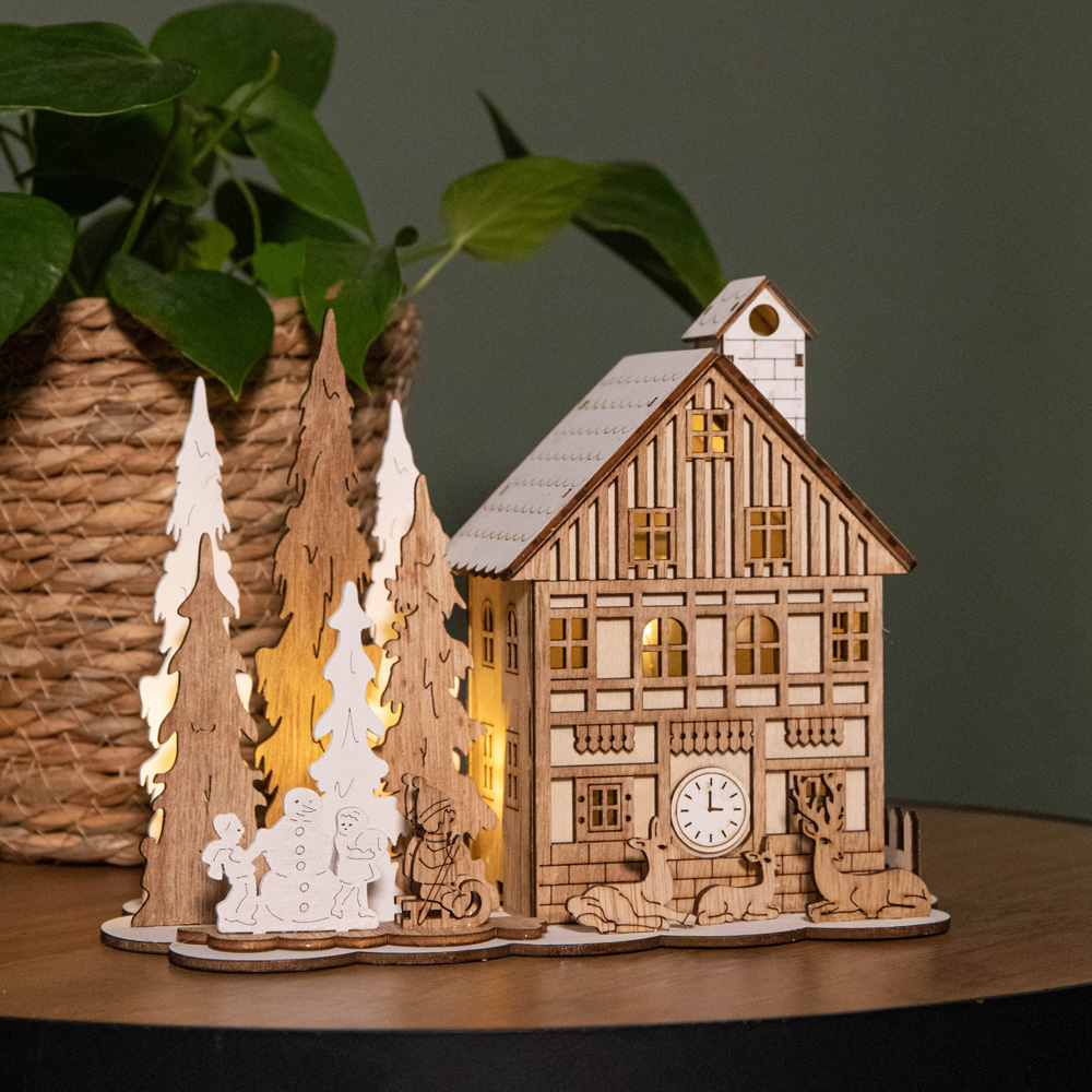Samuel Alexander Light Up Wooden House Scene with Christmas Trees Decoration 16cm Image 2