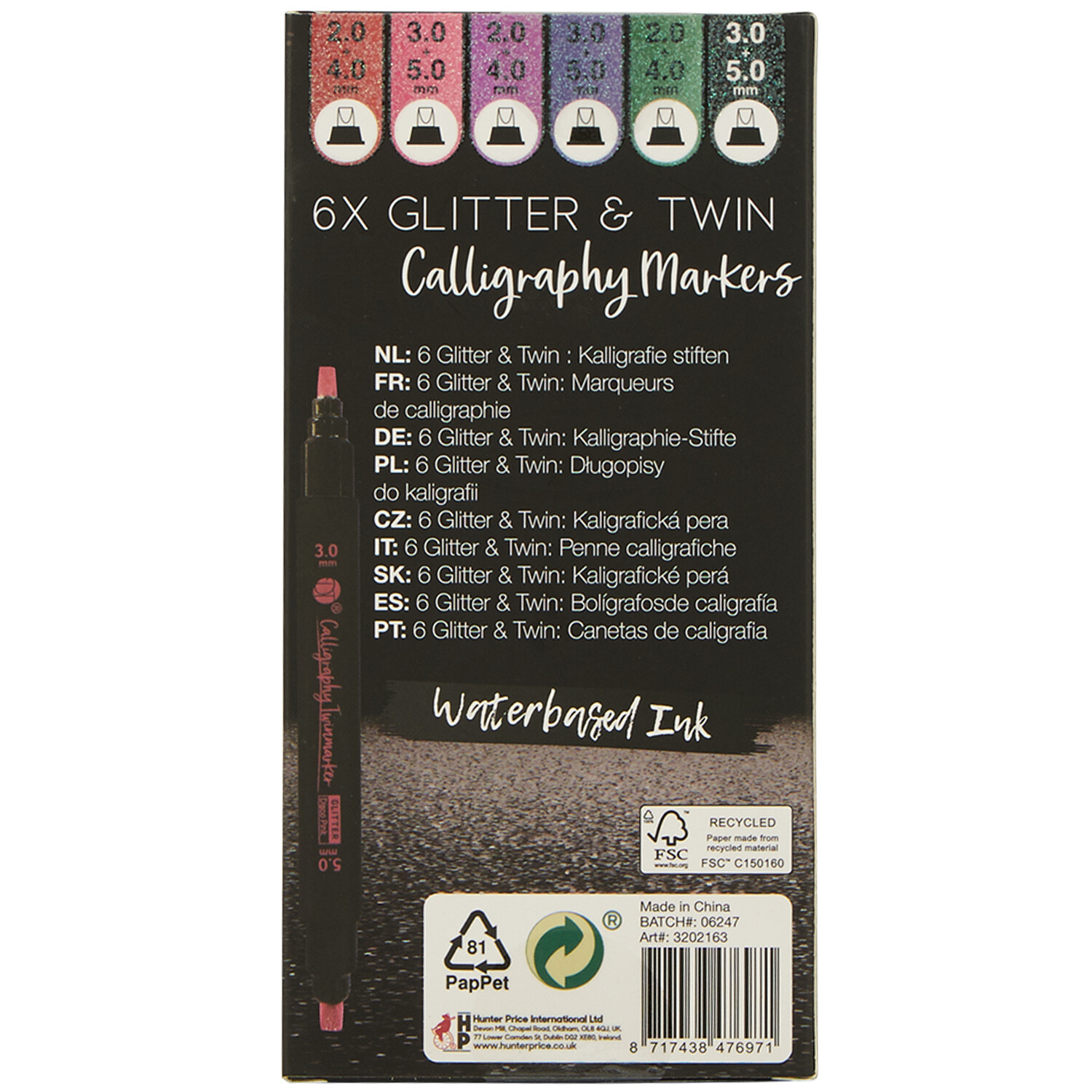 Pack of 6 Glitter or Metallic Twin Calligraphy Markers - Black Image 2