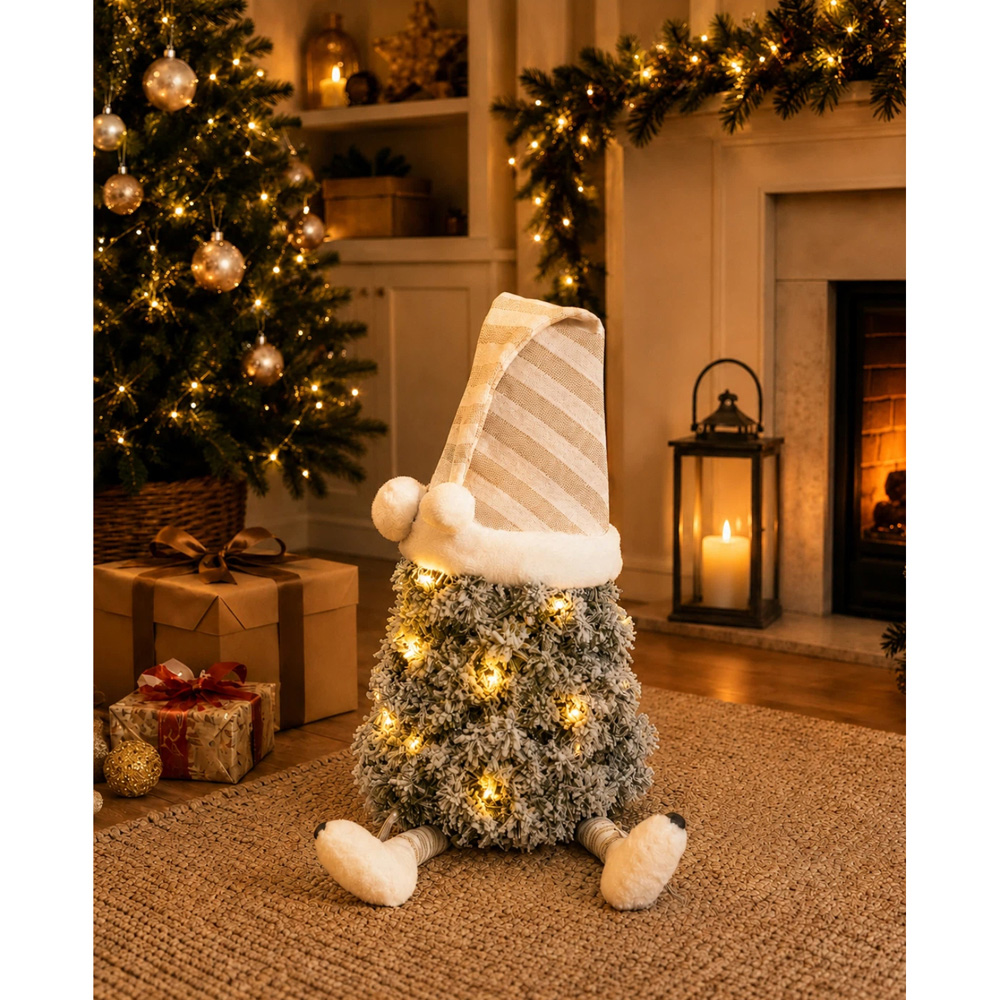 Festive Christmas Warm White LED Flocked Mini Tree Gonk with Striped Nightcap and Dangly Legs Image 4