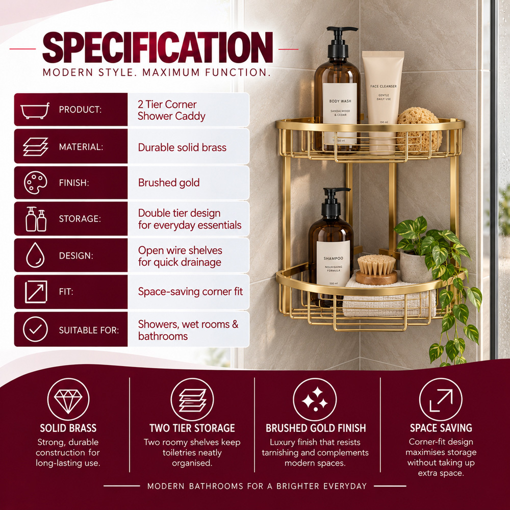 Go Bathrooms Brushed Gold Double Wall Mounted Corner Shower Basket Image 3