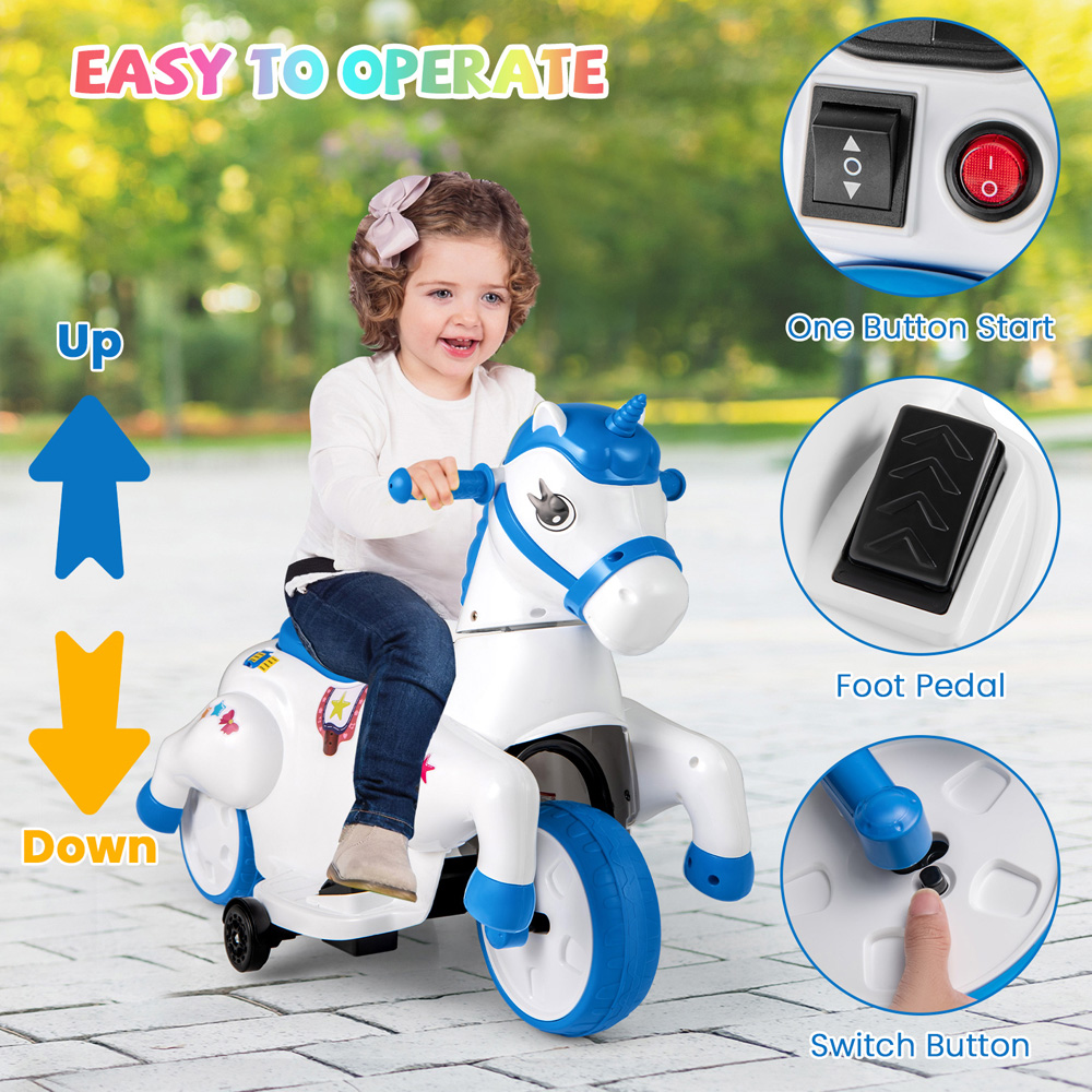 Costway Kids Blue and White Unicorn Ride On Toy with Training Wheels 12V Image 5