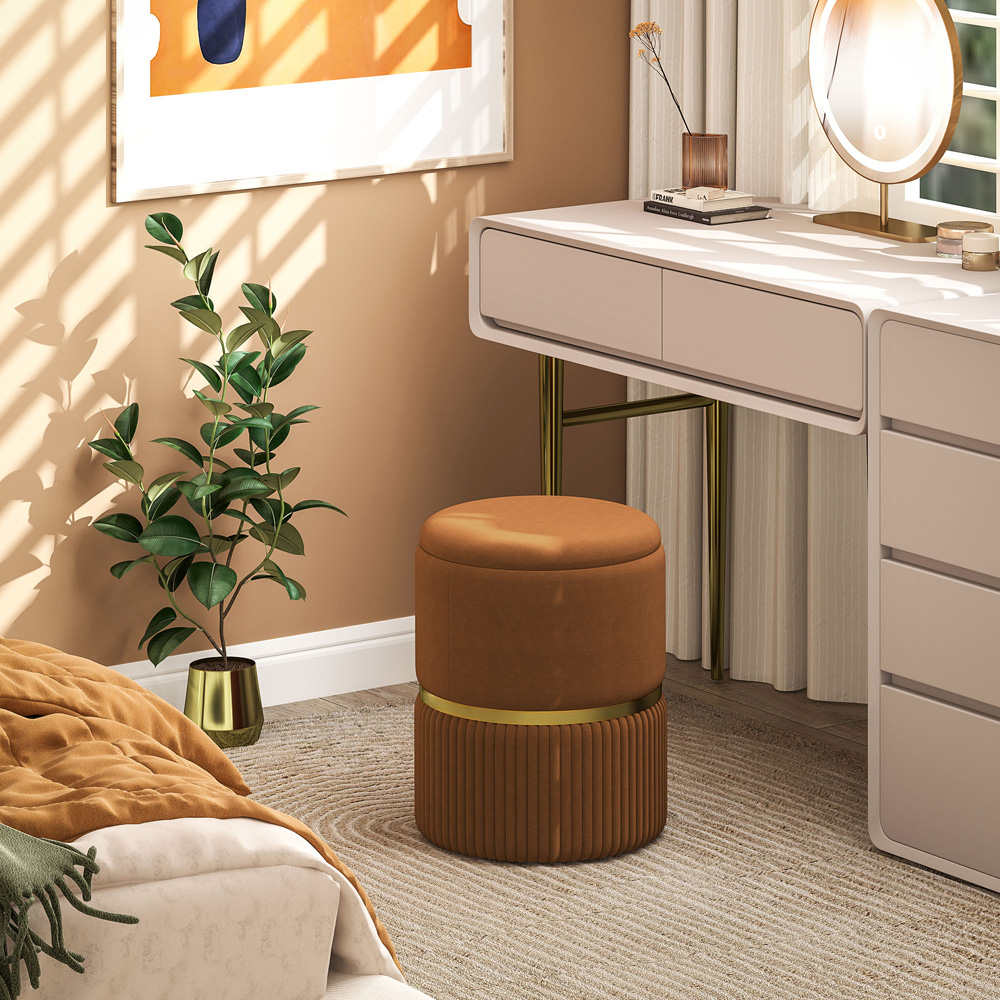 HOMCOM Brown Velvet Feel Round Pouffe Image 3