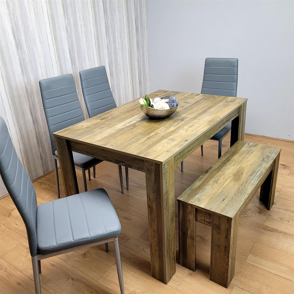 Portland 6 Seater Dining Set Rustic Effect and Grey Leather with Bench Image 2