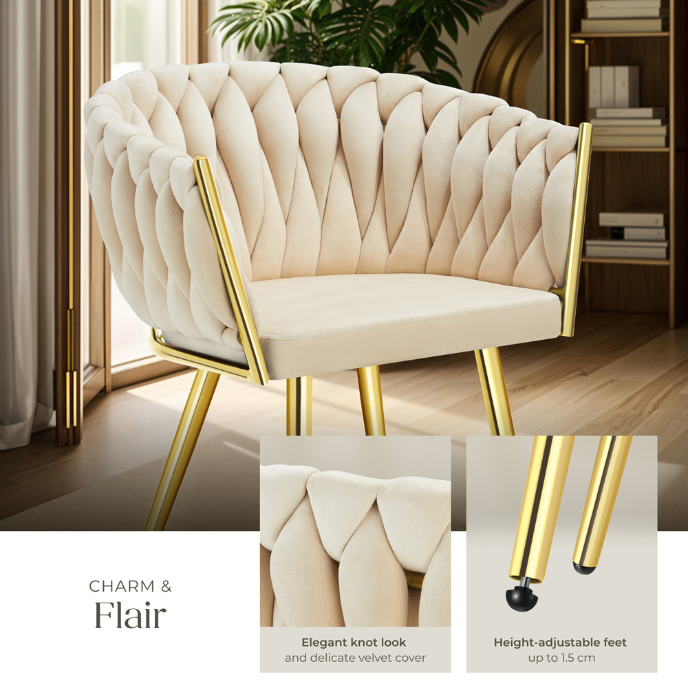 tectake Astano Set of 4 Sand and Gold Velvet Padded Knot Design Dining Chair Image 4