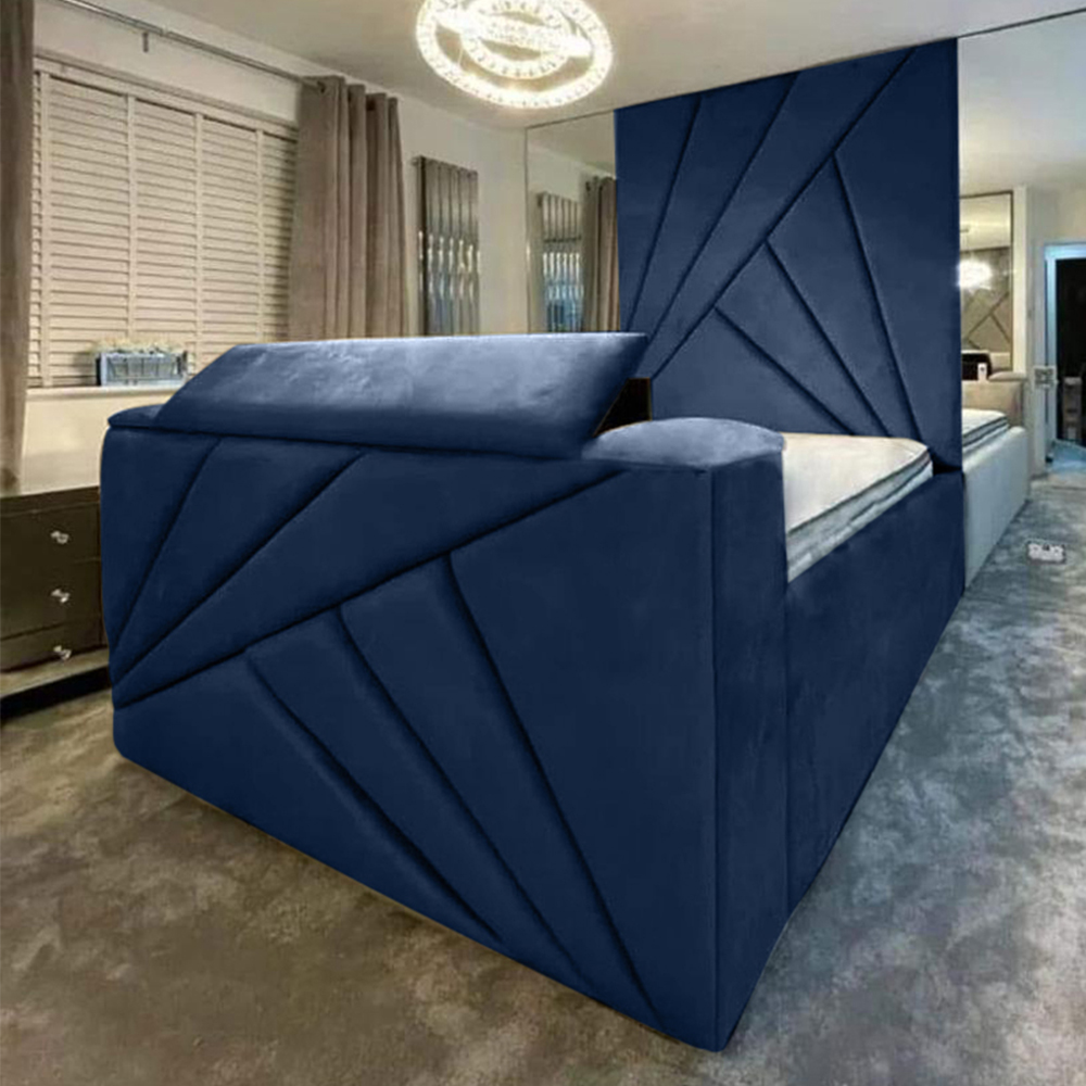 Eleganza Home Tina Double Blue Plush Velvet Bed Frame with Headboard and Remote Image 1