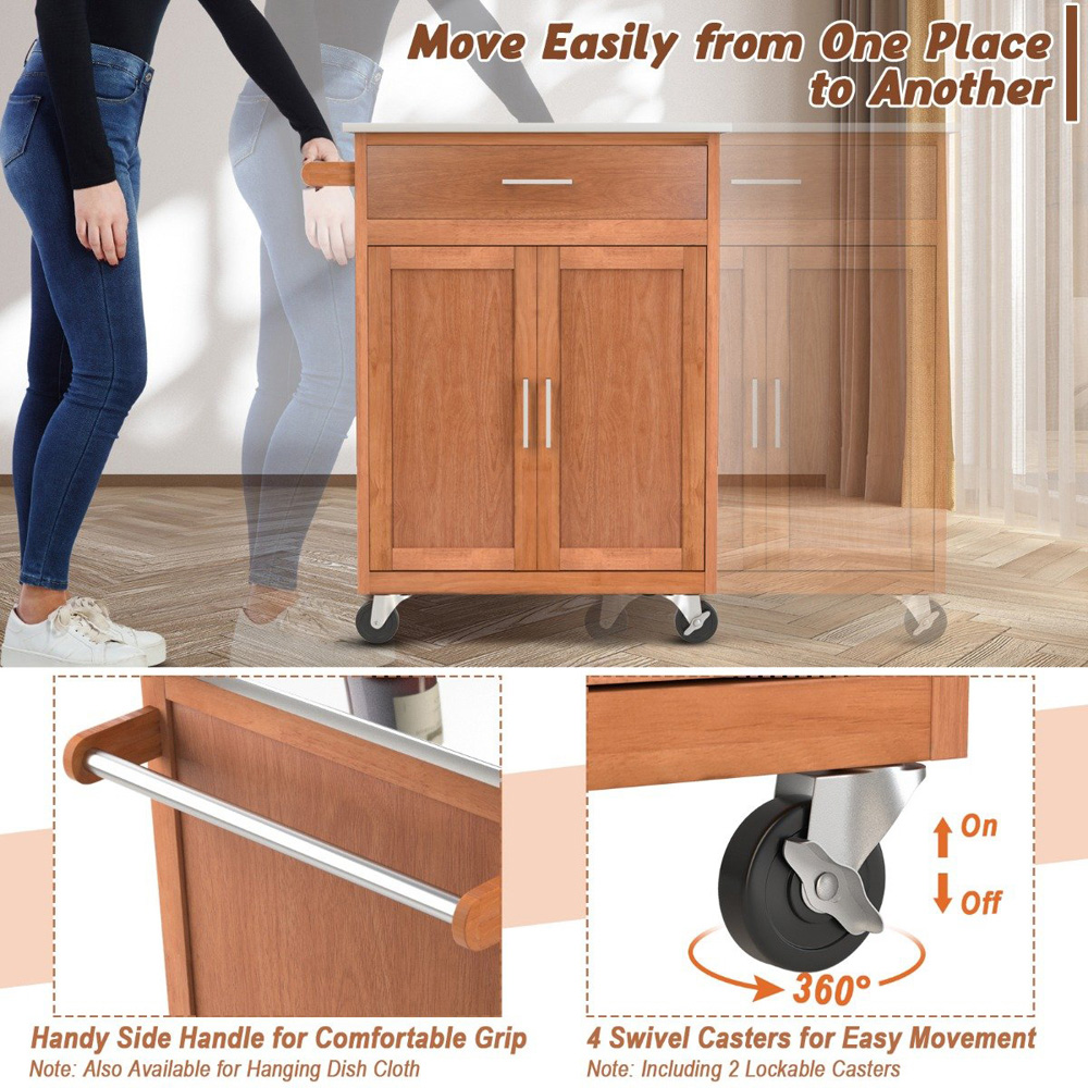 Costway 2 Door Single Drawer Brown Kitchen Island Trolley Image 8