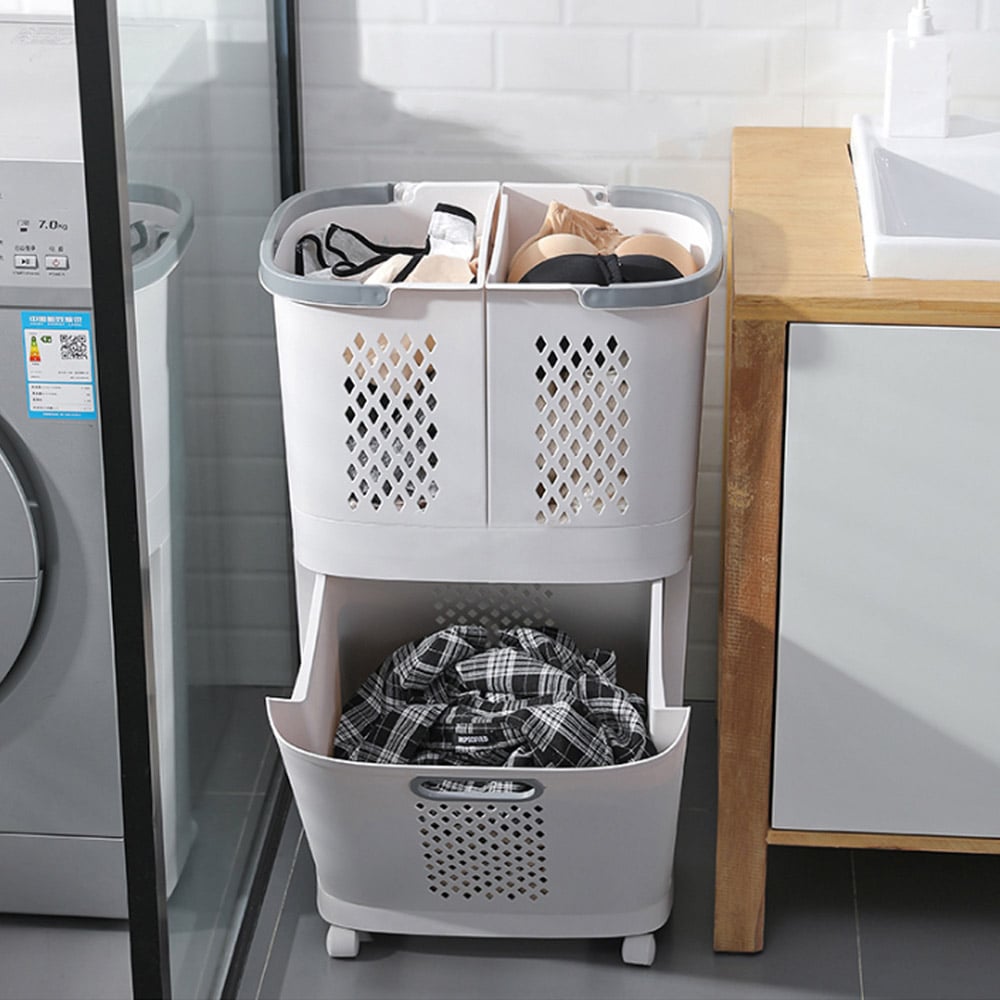 Living and Home 3 Compartment White Rolling Laundry Hamper Image 4