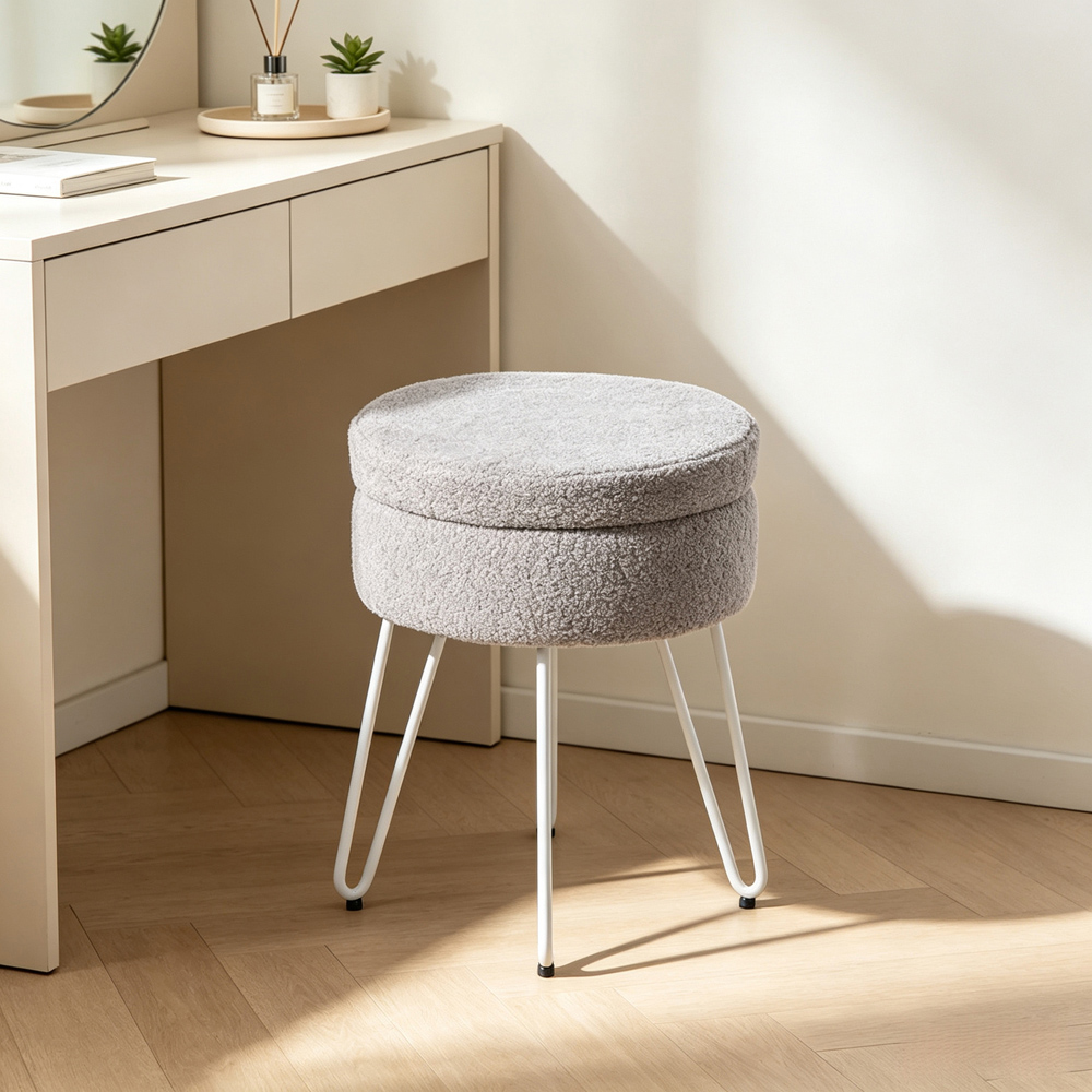 Living and Home Grey and White Teddy Fleece Hidden Storage Stool Image 8