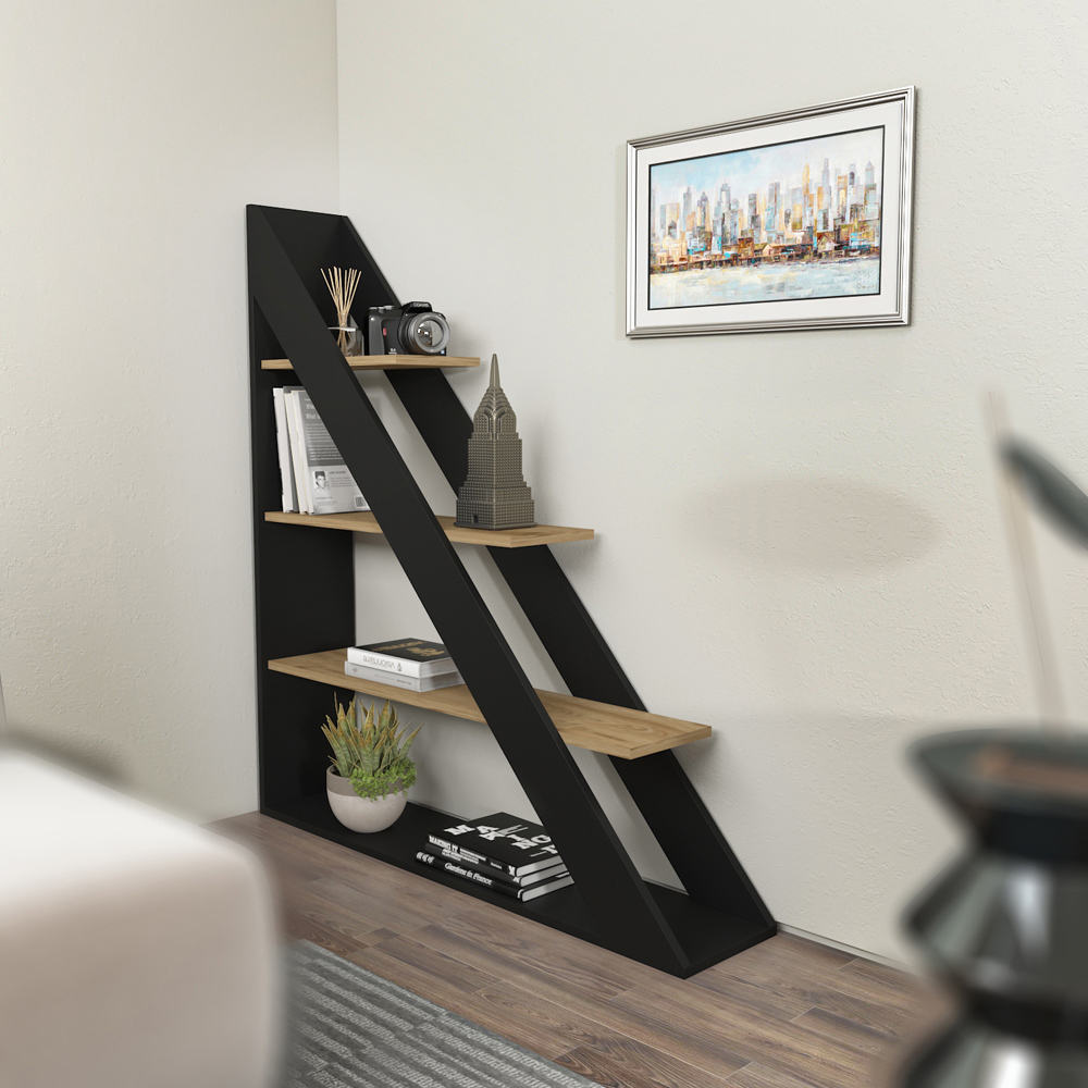 Decorotika Pisagor 4 Shelf Black and Oak Corner Bookcase Image 4