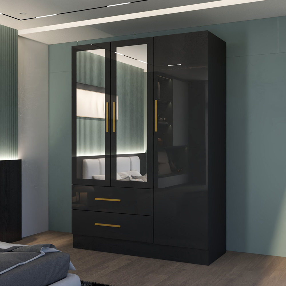 M N Furniture Glossera 3 Door 2 Drawer Black High Gloss Mirrored Wardrobe 116cm Image 5