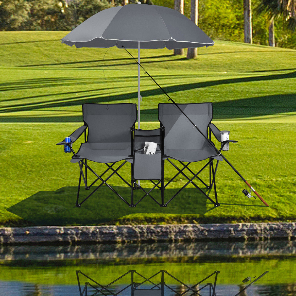 Costway Grey Double Portable Camping Chair with Umbrella and Ice Bag Image 2
