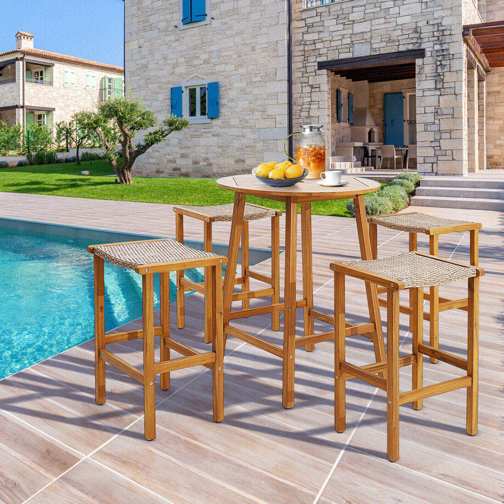 Costway Acacia Wood PE Wicker Bar Stool Set of 2 Image 5