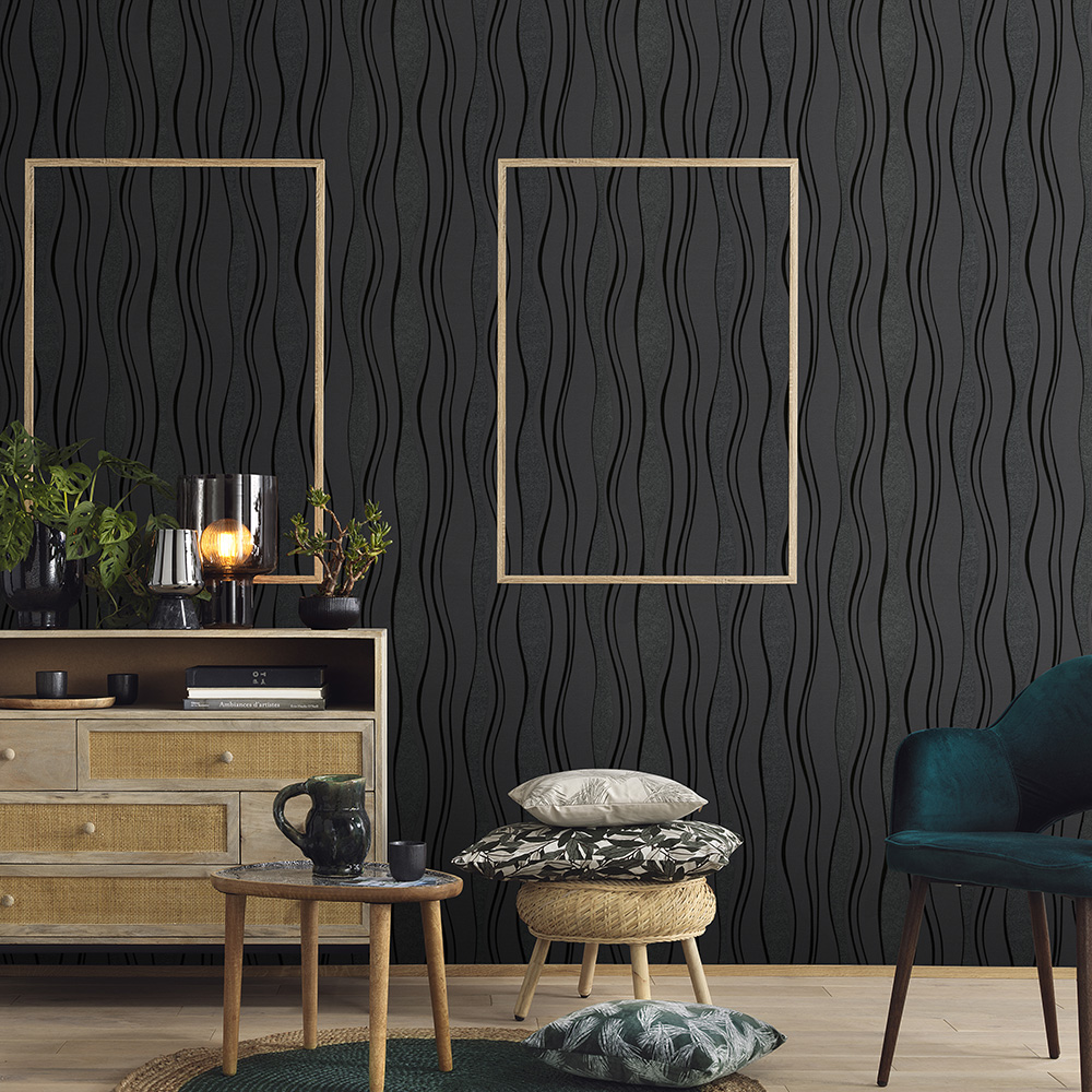 Erismann Glitzy Wave Textured Black Wallpaper Image 6