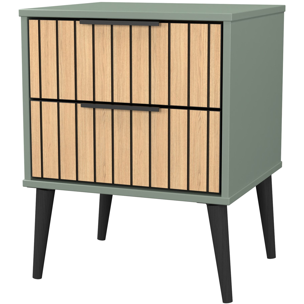Crowndale Fiji 2 Drawer Slated Oak and Reed Green Bedside Table Ready Assembled Image 2
