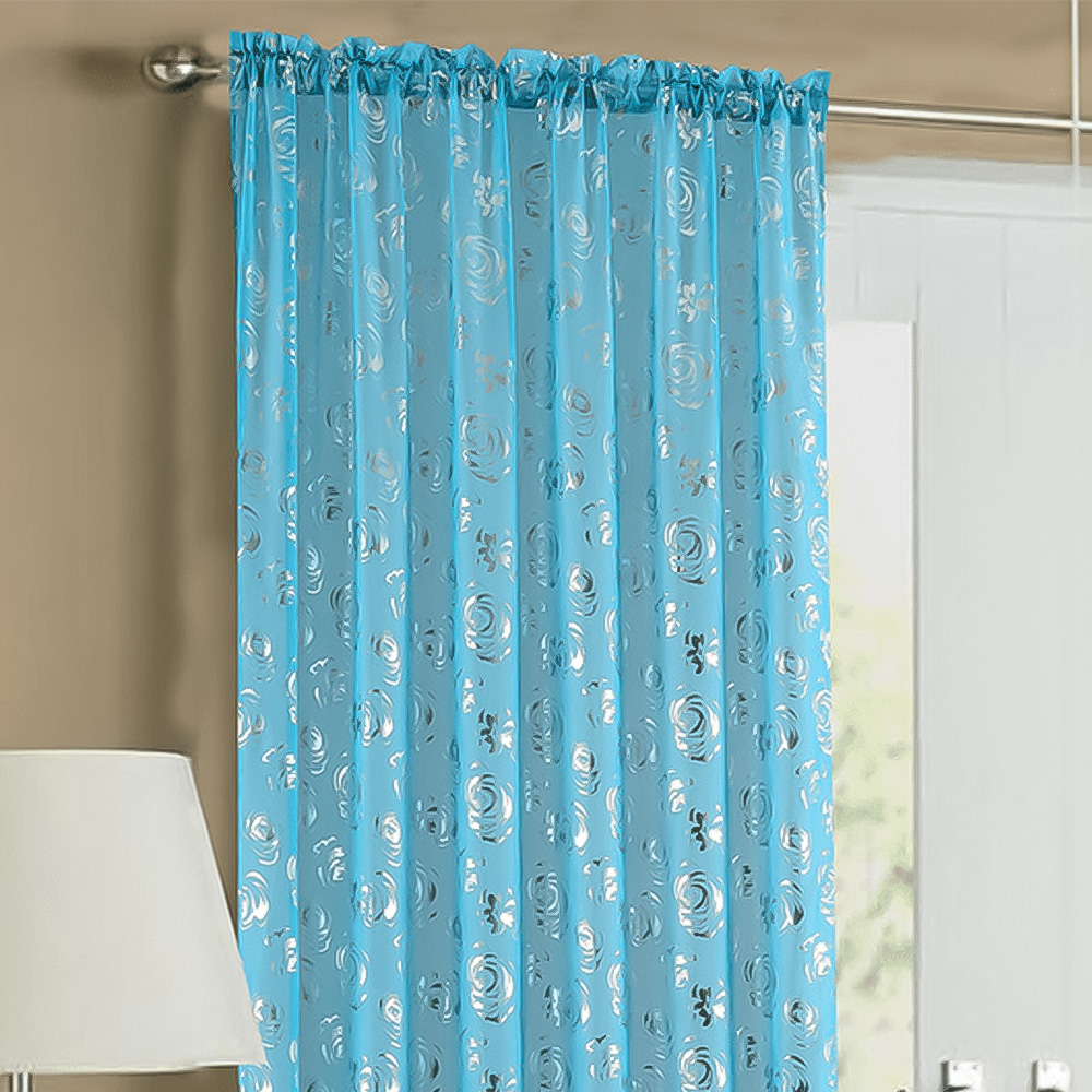 Velosso Geneva Teal Foil Flower Voile Panel Curtain 150 x 137cm Image 2