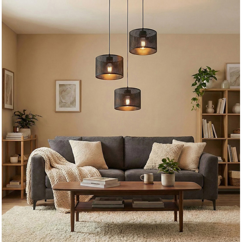 Emibig Lux Prem 3 Light Cylindrical Shade Black E27 Ceiling Pendant Light Image 6