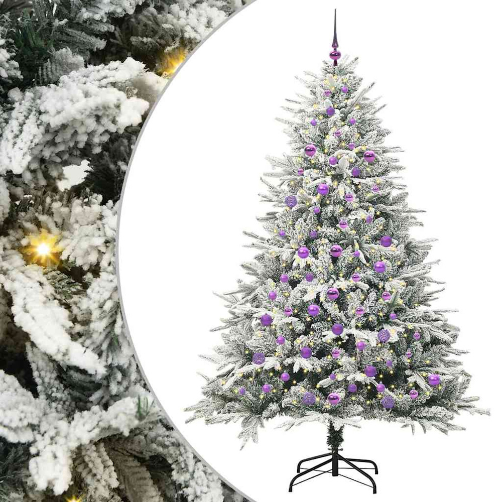 vidaXL 300 LED Pre-Lit Lilac Baubles Green Artificial Snow Flocked Christmas Tree 7ft Image 2