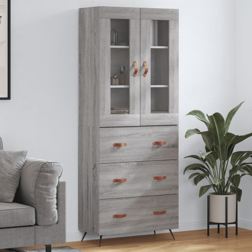 vidaXL 2 Glass Door 3 Drawer Grey Sonoma Highboard Image 1