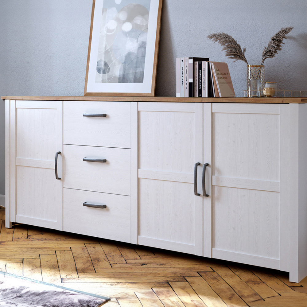 Florence Bohol 3 Door 3 Drawer White Riviera Oak Large Sideboard Image 1