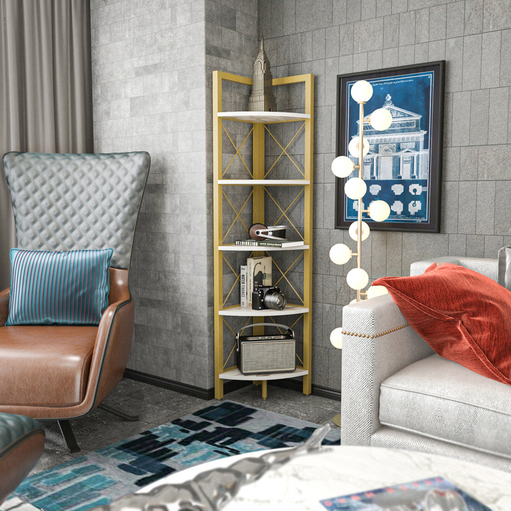 Decorotika Remo 5 Shelf White Marble Effect And Gold Metal Frame Corner Storage Rack Image 5