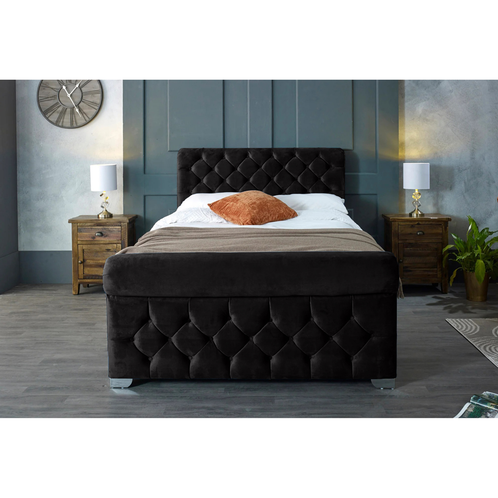 Eleganza Home Veneta Double Black Plush Velvet Bed Frame with Chesterfield Headboard Image 6