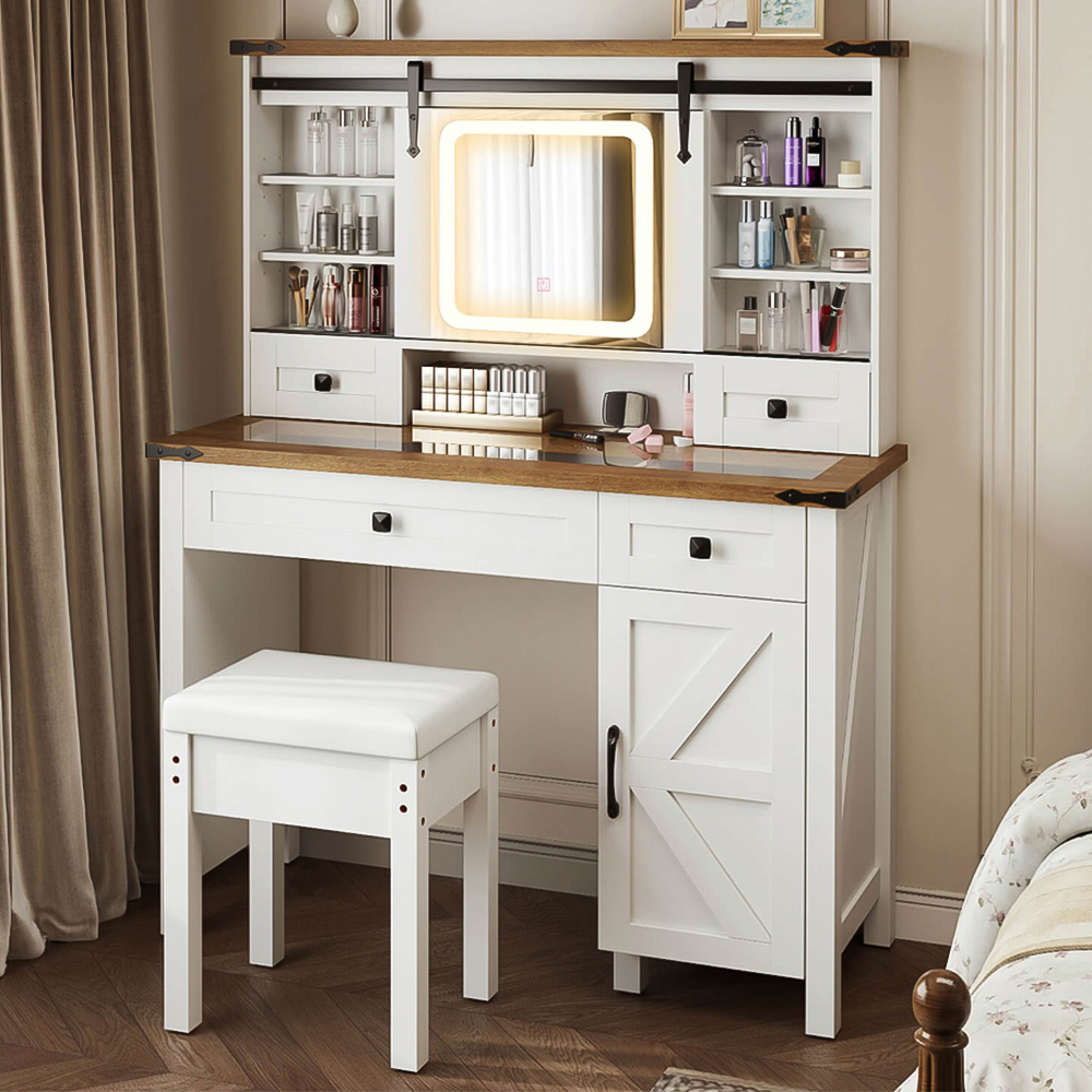 Costway White Vanity Desk and Stool Set with Sliding Mirror Image 1