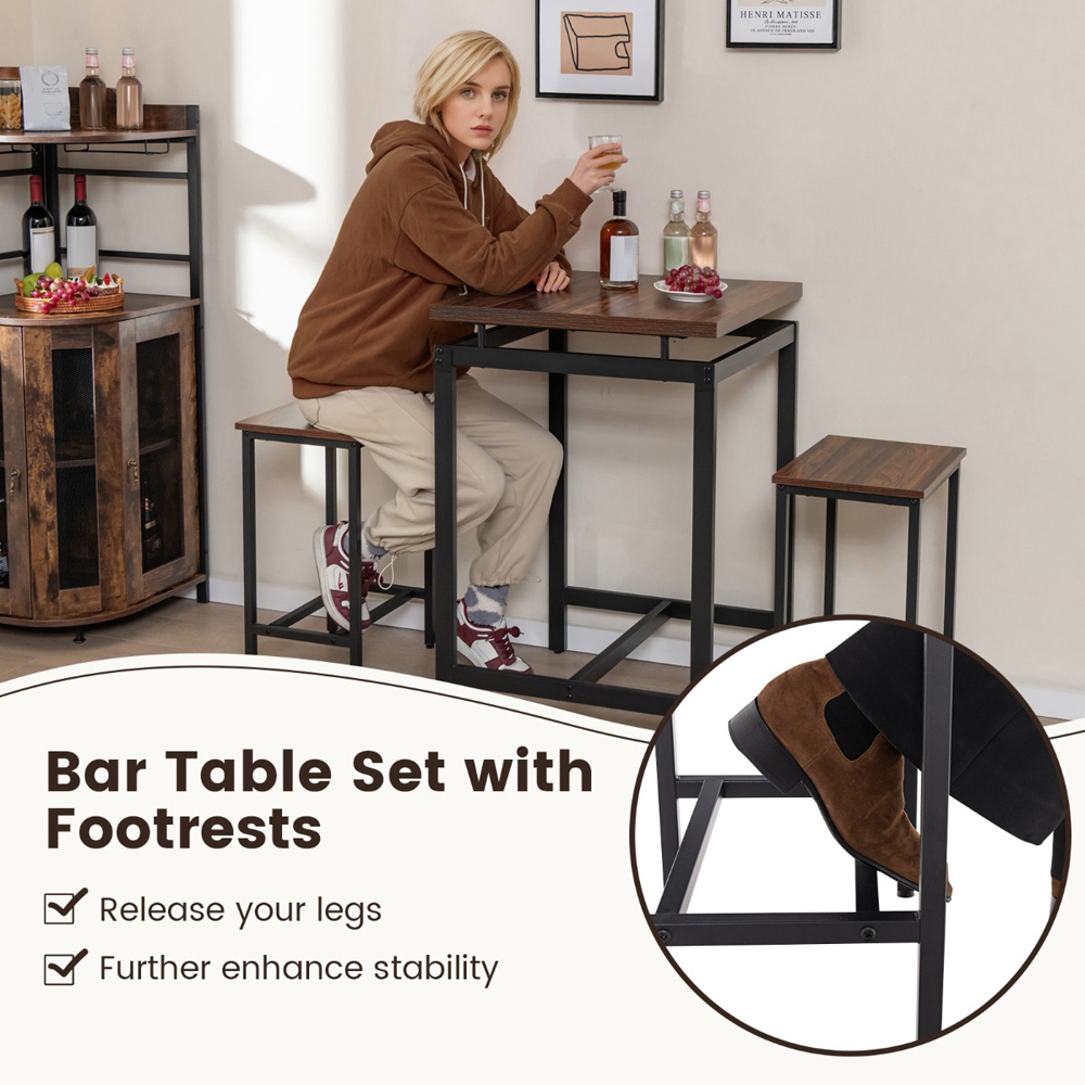 Costway 2 Seater Counter Height Breakfast Table Set Rustic Brown Image 8
