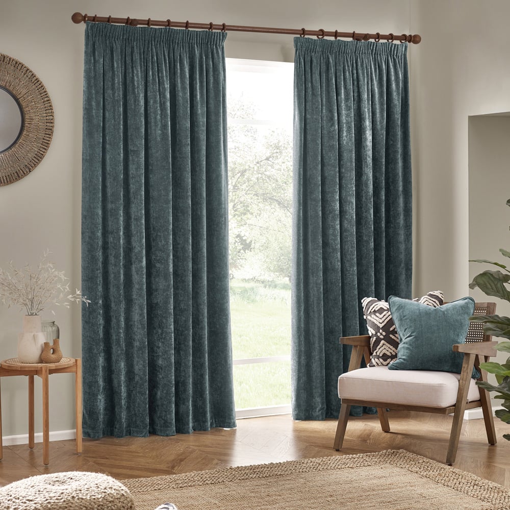 Yard Heavy Marine Chenille Velvet Pencil Pleat Curtains 117 x 137cm Image 5
