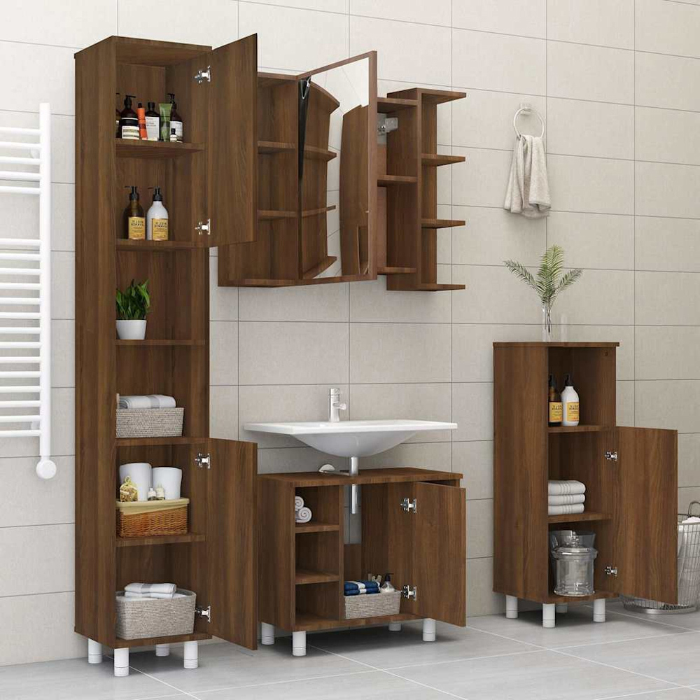 vidaXL Single Door 6 Open Shelf Brown Oak Mirrored Bathroom Cabinet Image 9