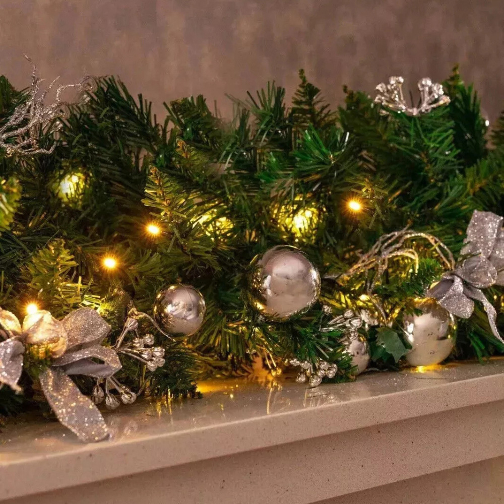 Marco Paul Pine Effect Artificial LED Christmas Garland with Silver Baubles 270cm Image 3