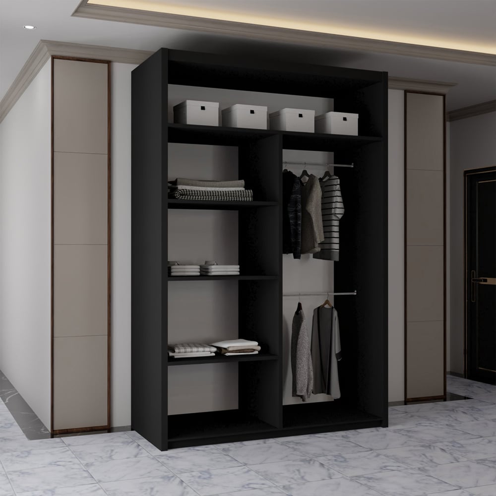 Sliding Wardrobes 4U 2 Sliding Door Black Modern Mirrored Wardrobe with Adjustable Shelf Image 4