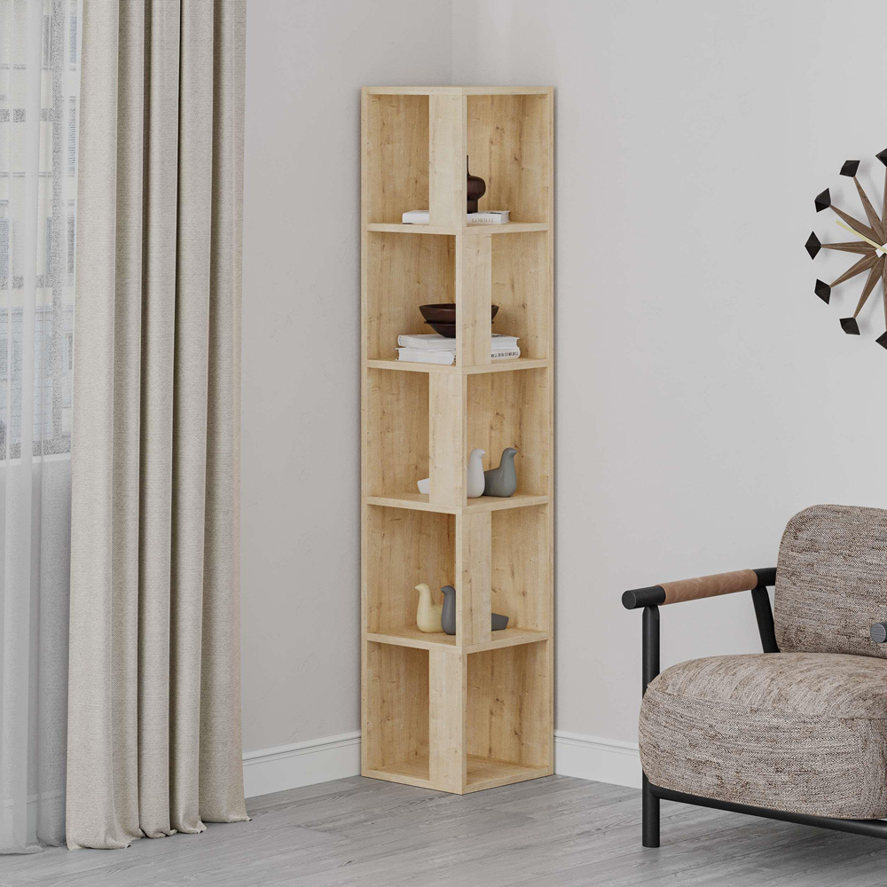 Decortie Piano 5 Shelf Natural Oak Effect Modern Corner Bookcase Image 6