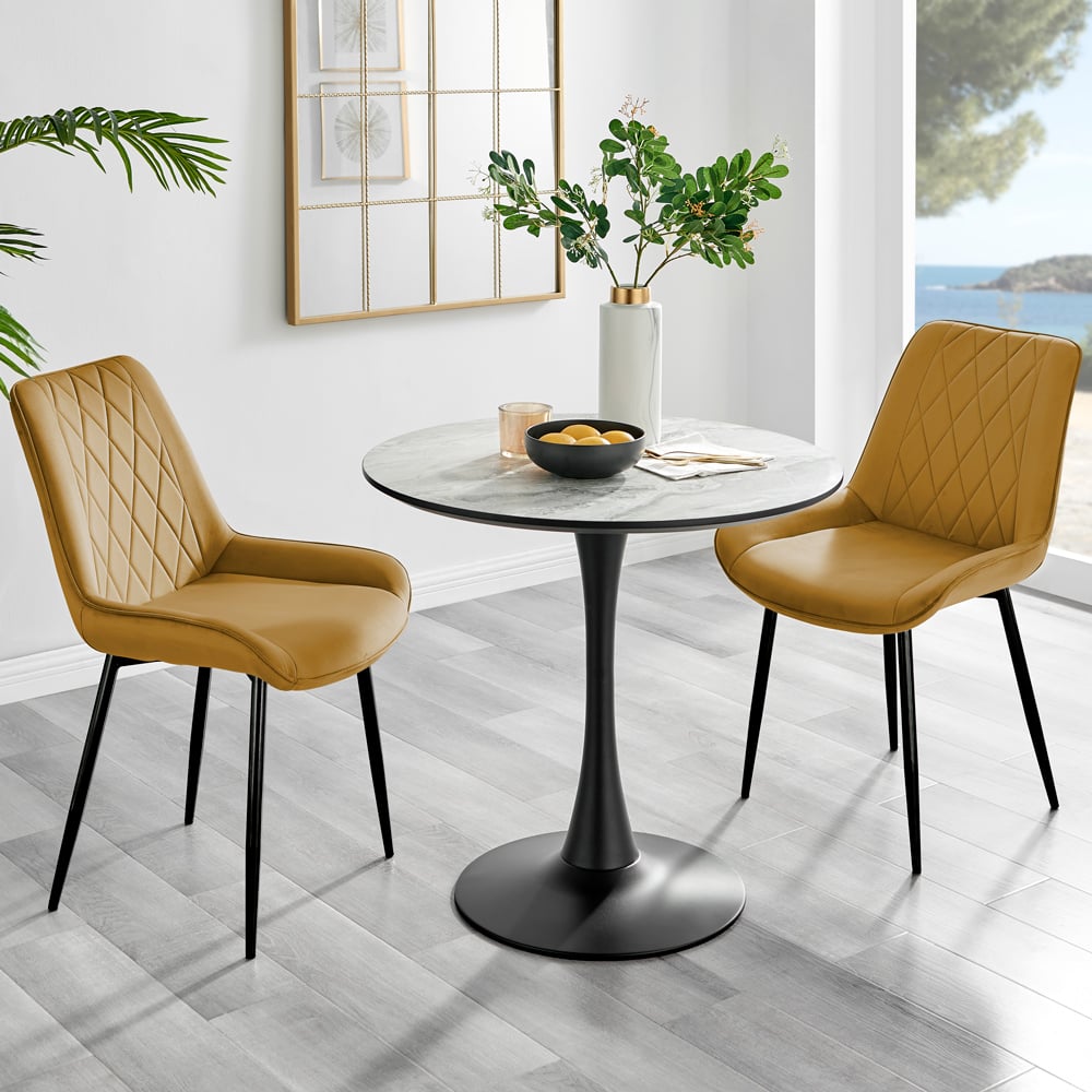 Furniturebox Elissa Cesano Marble Effect 2 Seater Round Dining Set White Mustard and Black Image 1