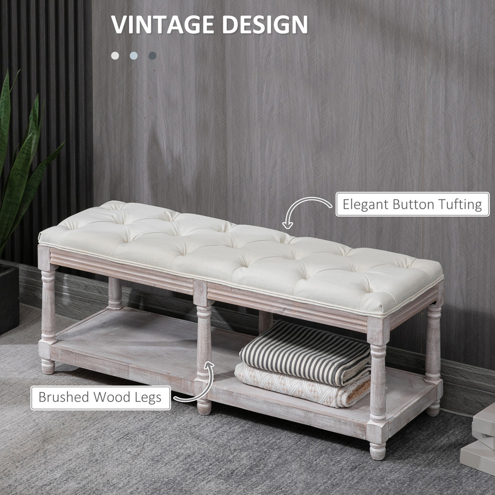 Portland Single Shelf Cream and White Button Tufted Vintage Stool Image 4