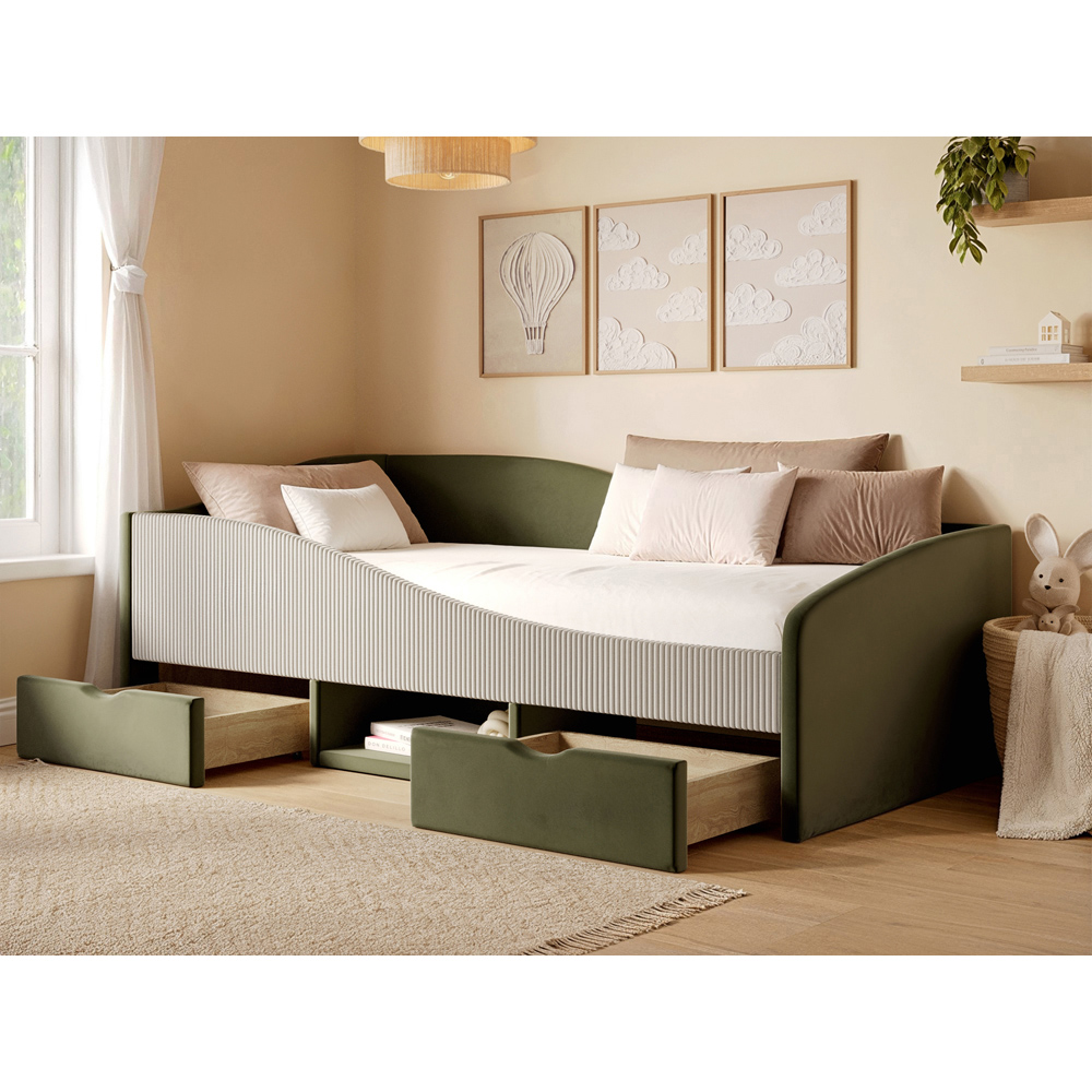 Flair Aubrey Olive Green and Beige Velvet and Cord Low Sleeper Bed with Storage Image 7