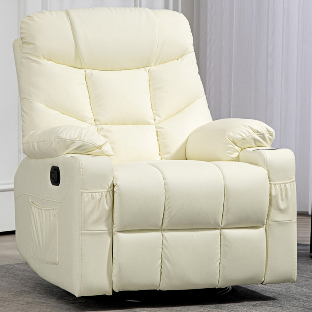 HOMCOM Cream White PU Leather Swivel Manual Recliner Armchair with Adjustable Leg Rest Image 1
