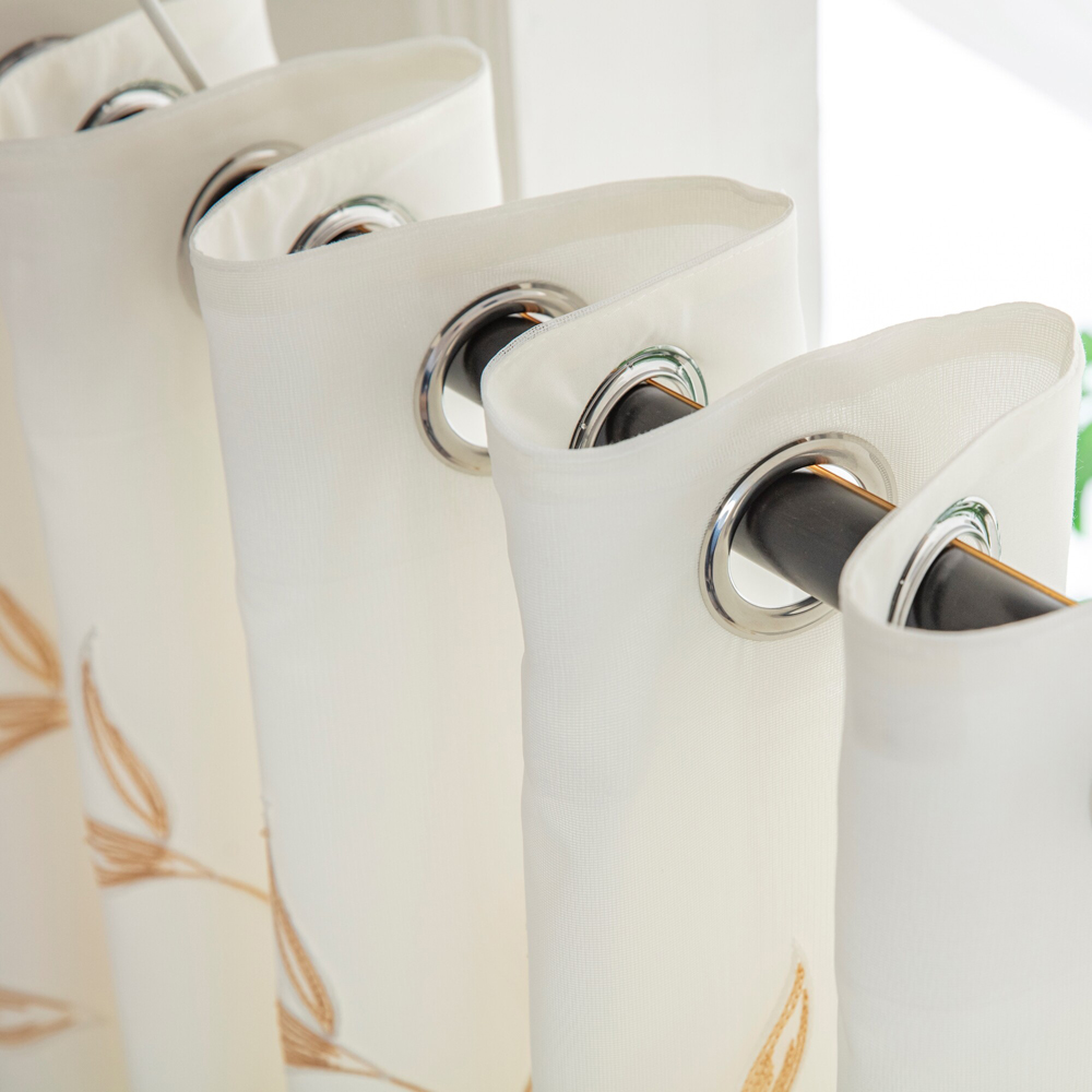 Alan Symonds Leaf Embroidered Gold Ring Top Eyelet Tulle Voile Curtains 147 x 183cm Image 2
