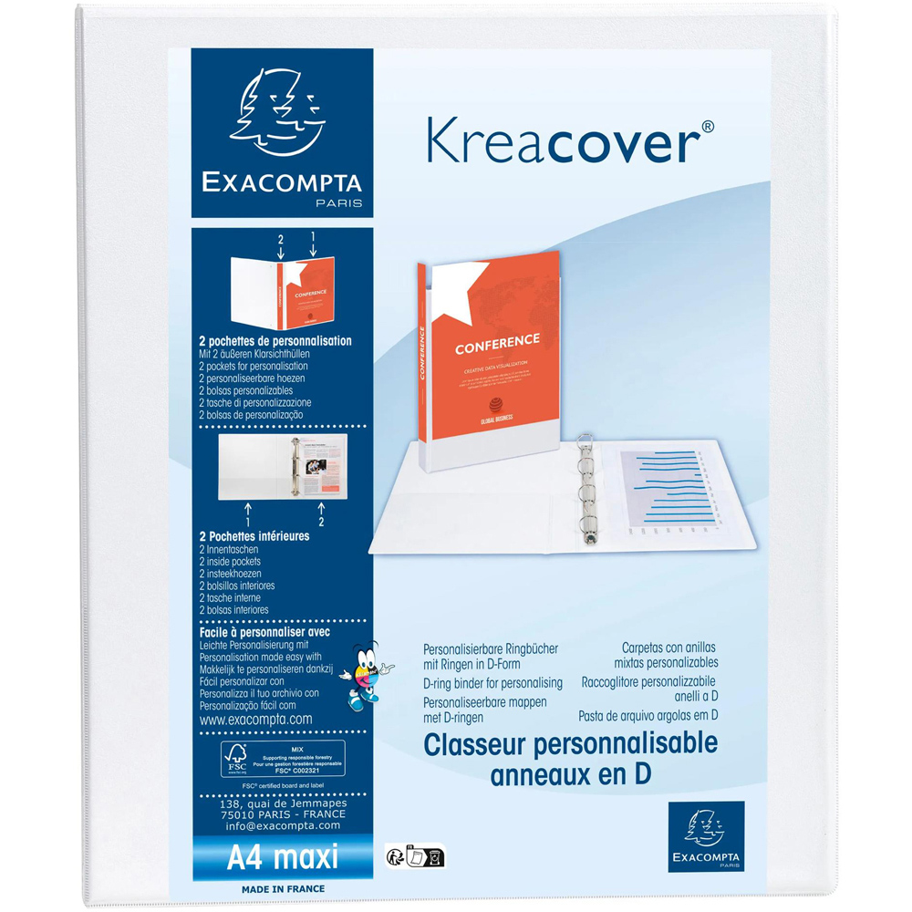 Exacompta Kreacover White PP 4D Ring Binder with 2 Pockets 30mm 10 Pack Image 3