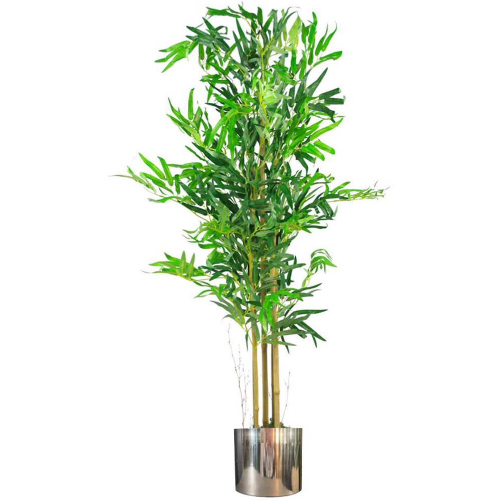 Leaf Realistic Artificial Bamboo Plant Tree in Silver Metal Planter 4ft Image 1