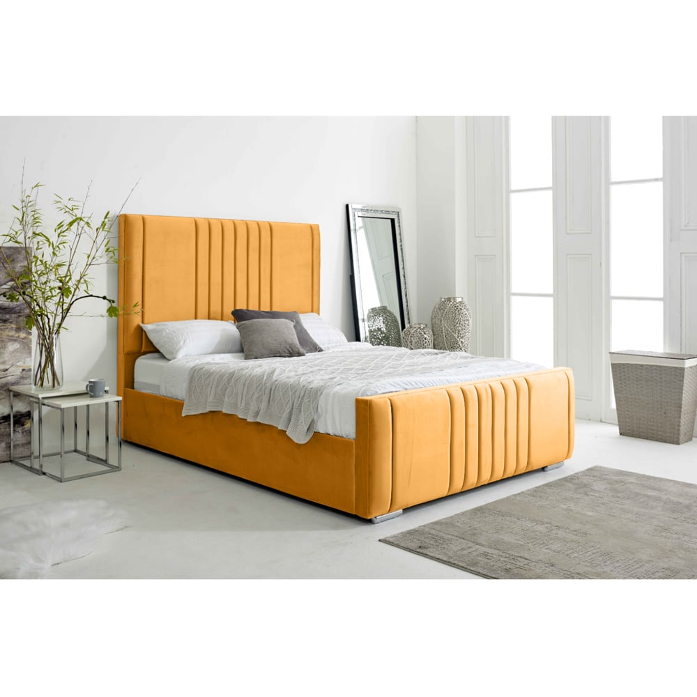 Eleganza Home Willard Single Mustard Plush Velvet Bed Frame with Headboard Image 3