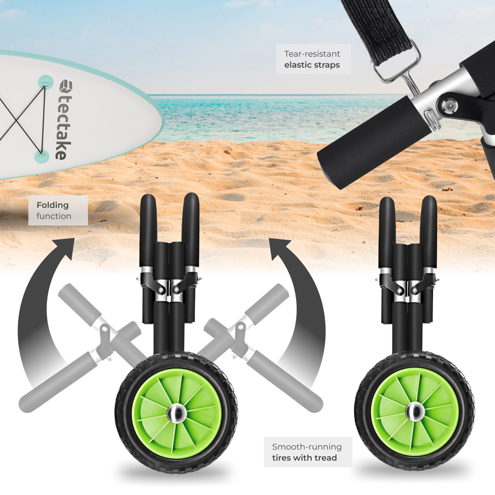 tectake Single Surfboard and SUP Trolley with Wave Wheel and Bungee Cords Image 7