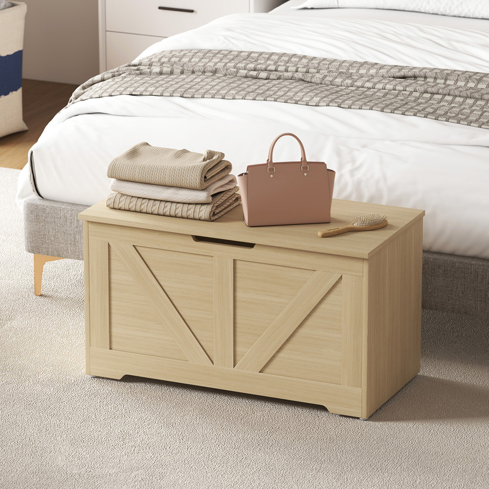HOMCOM Natural Wood Finish Storage Trunk with 2 Safety Hinges 100L Image 4