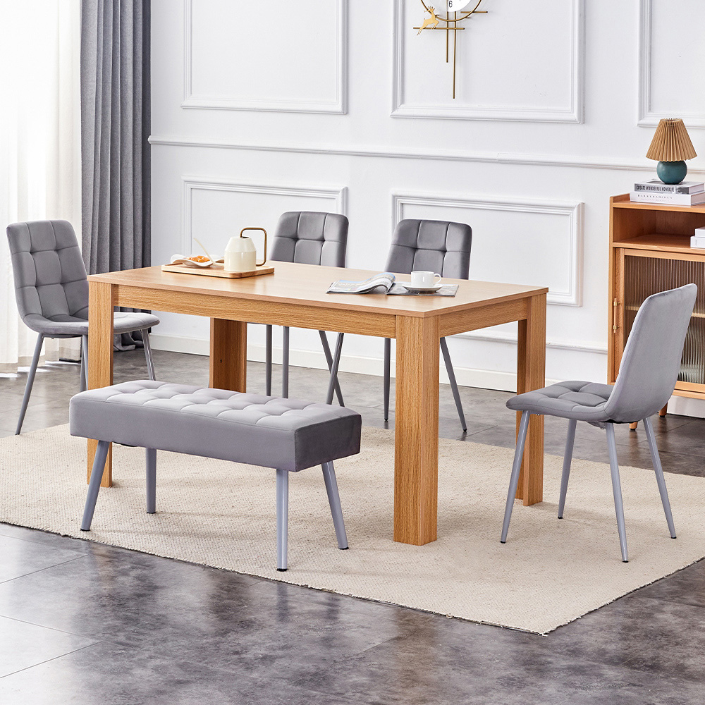 Kosy Koala 6 Seater Dining Set with Bench Oak Effect and Grey Velvet Image 1