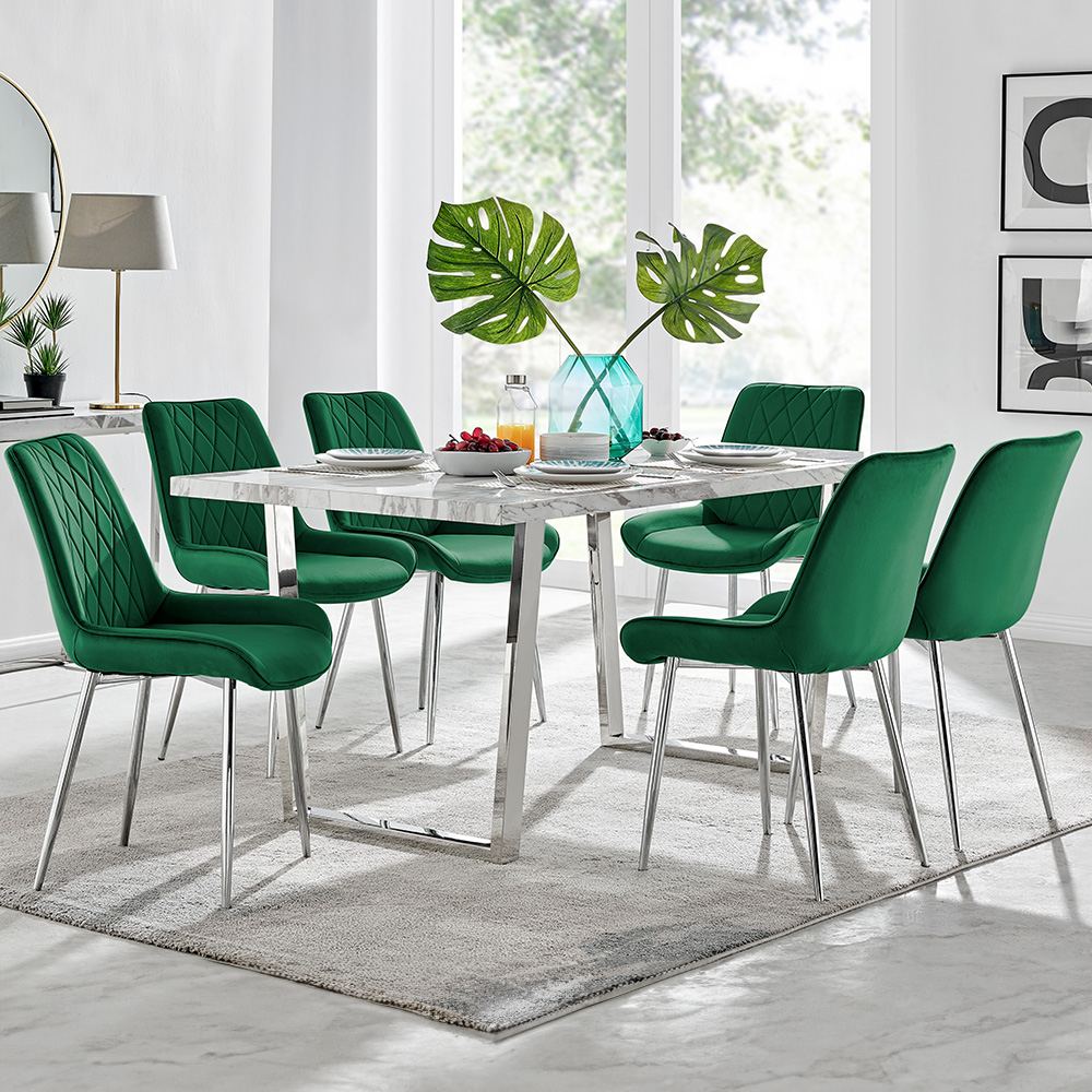 Furniturebox Solo Cesano 6 Seater Dining Set White Marble Effect and Green Image 1