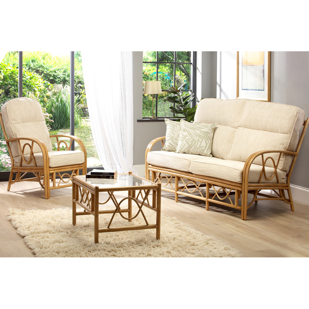 Desser Bali 3 Seater Beige and Cream Fabric Natural Rattan Sofa Image 4