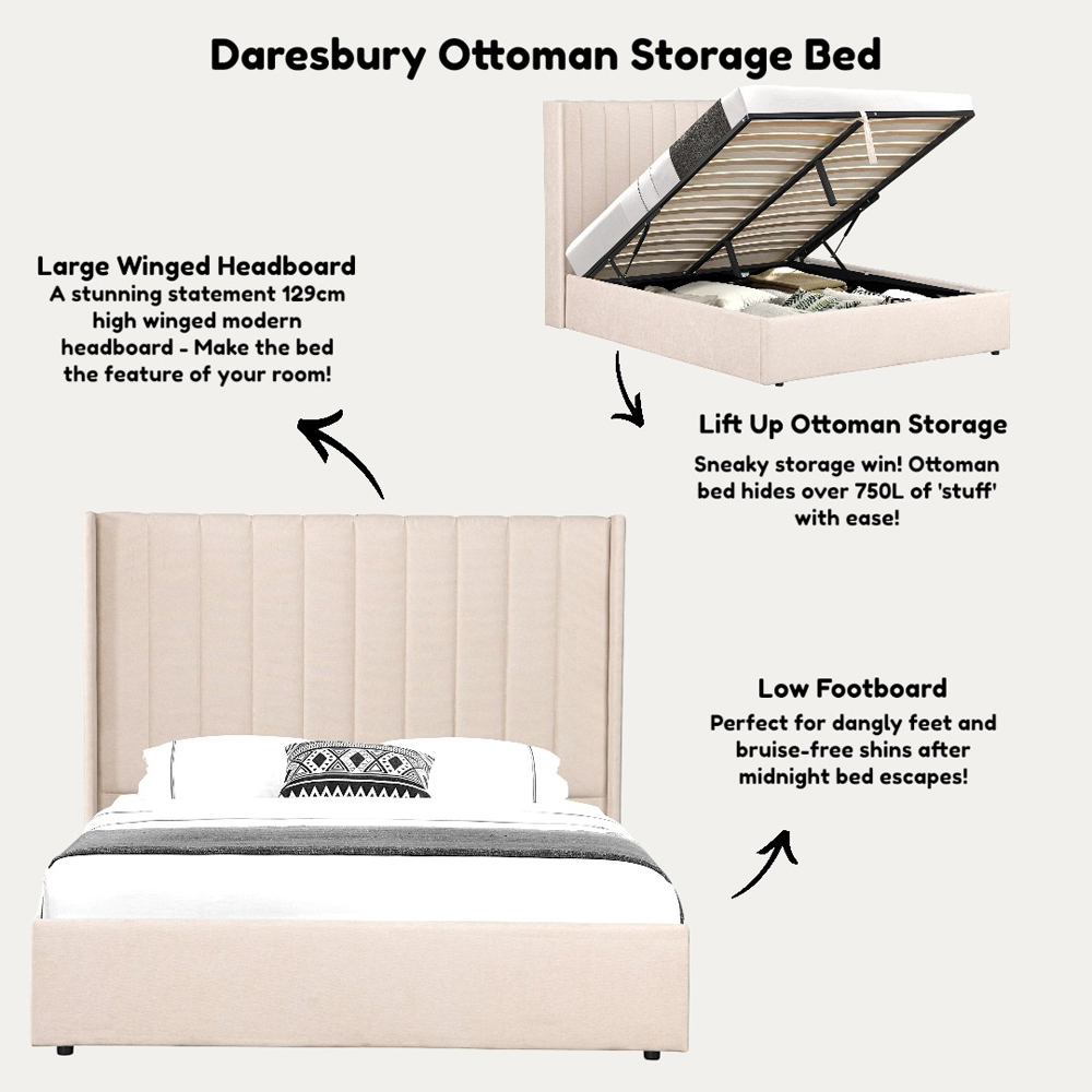 OAT Home Daresbury King Size Natural Lift-Up Ottoman Bed Frame with Winged Headboard Image 8