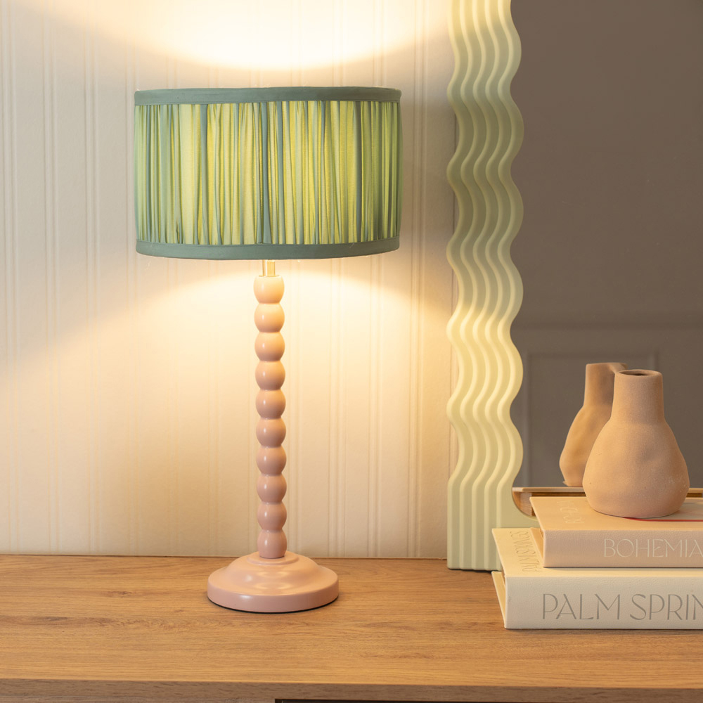 ValueLights Bobbins Ruched Pleated Green Drum Shade Painted Rose LED Table Lamp Image 2