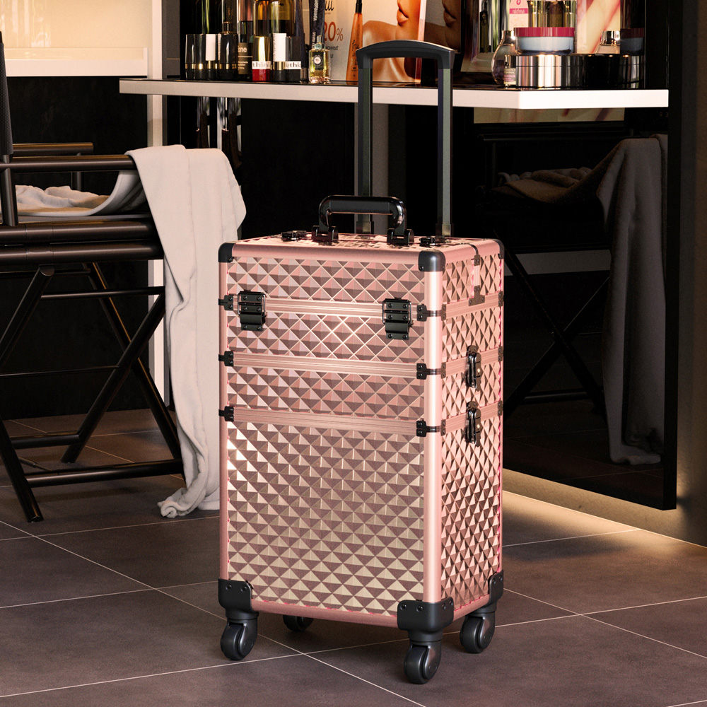 Living and Home Rose Gold Diamond Pattern Makeup Train Trolley Case Image 7