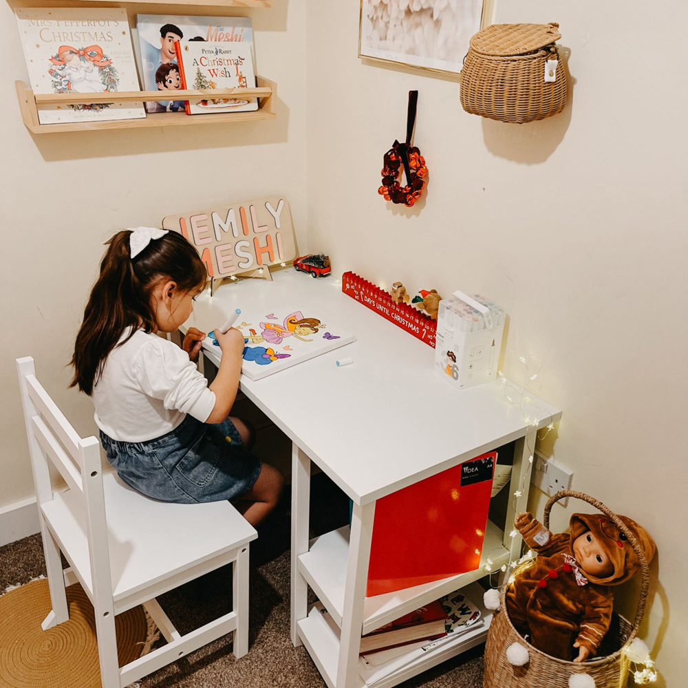 Teamson Kids 4 Shelf White Wooden Desk and Chairs Set Image 6
