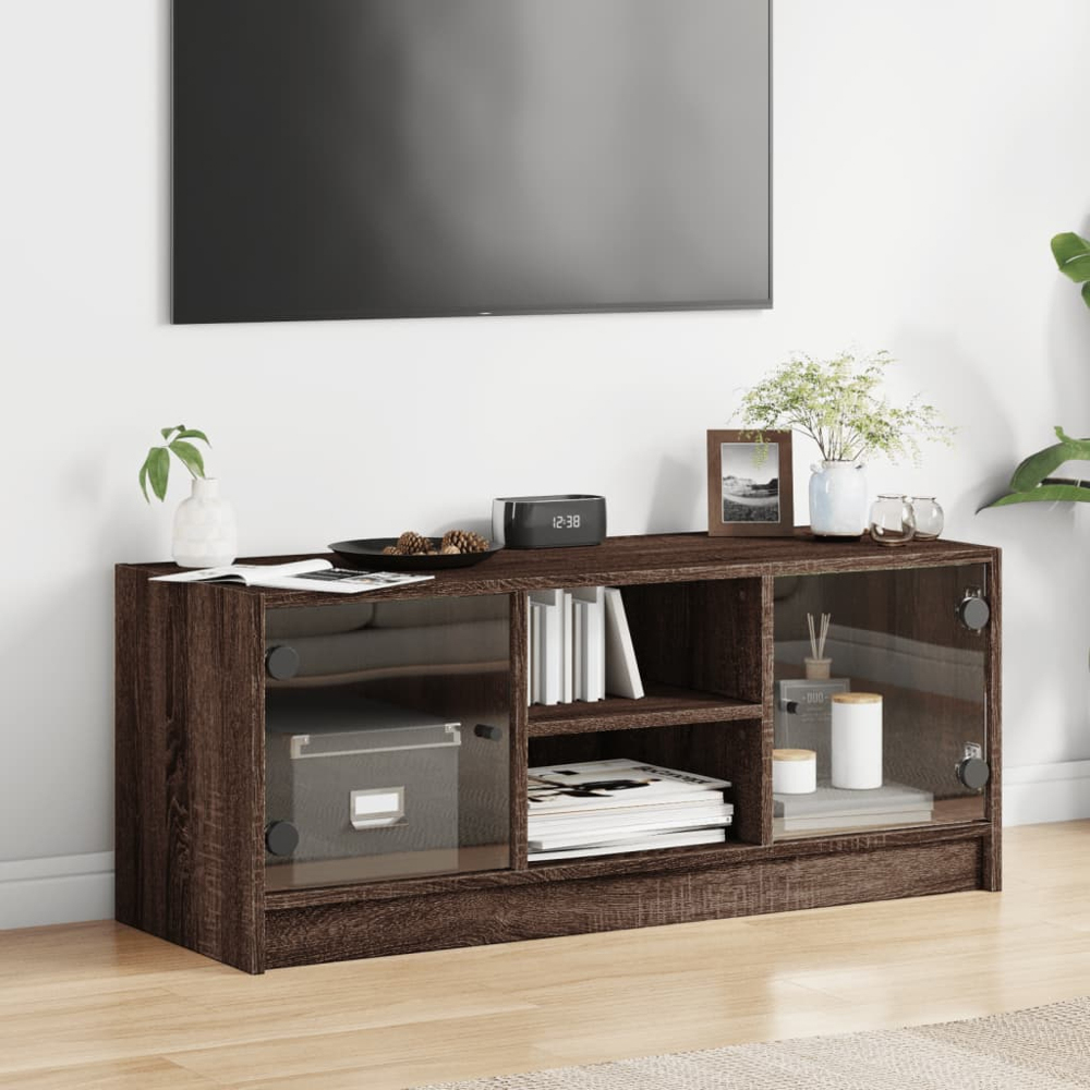 vidaXL 2 Glass Door 2 Shelf Brown Oak TV Cabinet Image 3